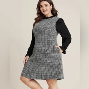 BloomChic 14-16 Black White Tweed Long Sleeve Midi Dress